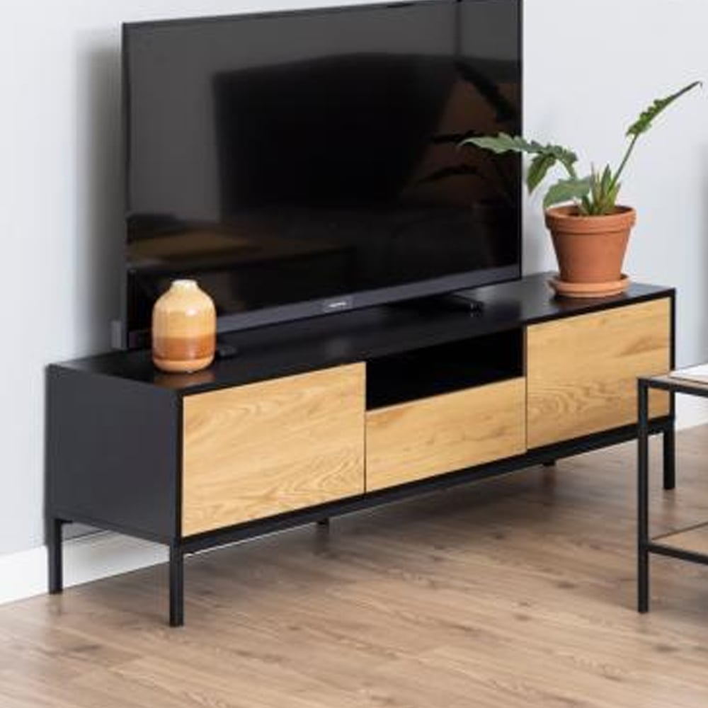 Salvo Wooden TV Stand With 2 Doors 1 Drawer In Wild Oak And Black