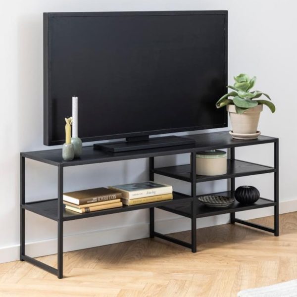 Salvo Wooden TV Stand With 3 Shelves In Ash Black | Bed Sava