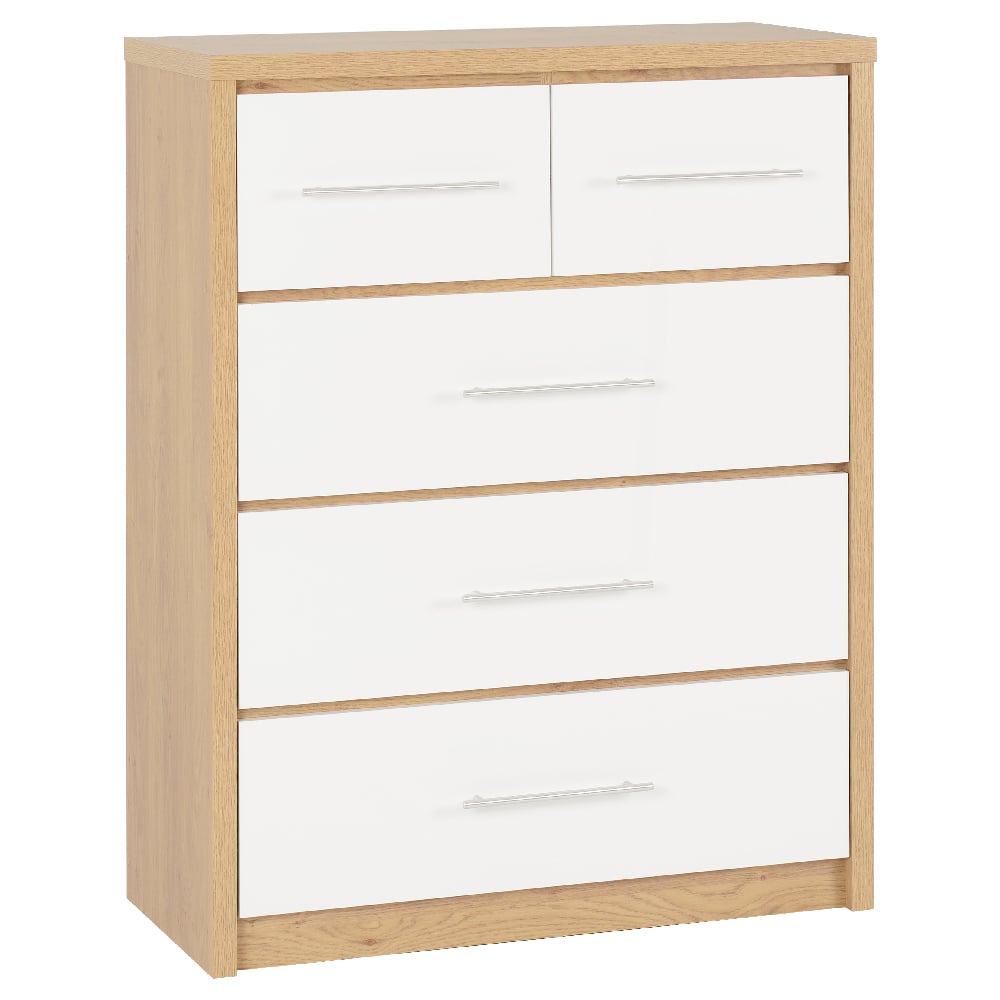 Samaira High Gloss Chest Of 5 Drawers In White And Light Oak