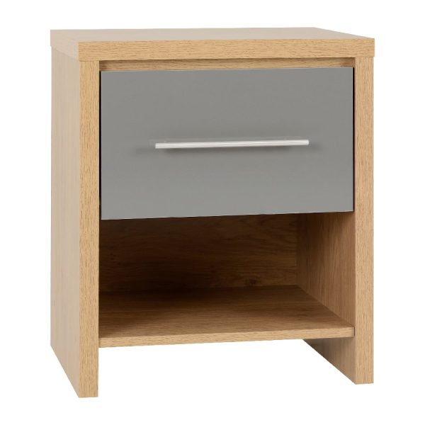 Samaira Oak Wooden Bedside Cabinet With Grey Gloss Drawer | Bed Sava