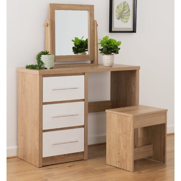 Samaira Oak Wooden Dressing Table Set With 3 White Gloss Drawers | Bed Sava