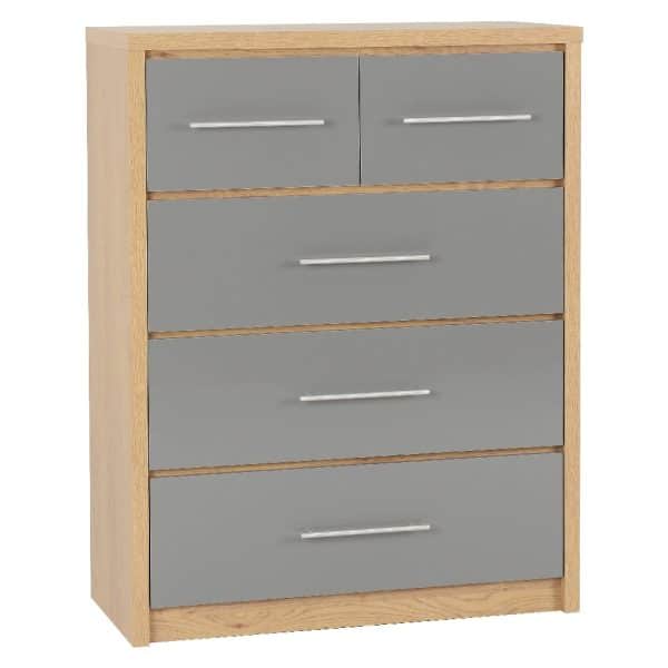 Samaira Wooden Chest Of 5 Drawers With Grey Gloss Front In Oak | Bed Sava