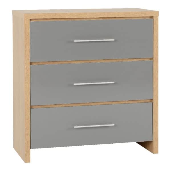 Samaira Wooden Chest Of 3 Drawers With Grey Gloss Front In Oak | Bed Sava