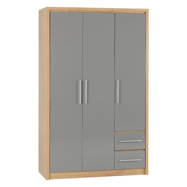 Samaira Wooden Wardrobe With 3 Door And Grey Gloss Front In Oak | Bed Sava