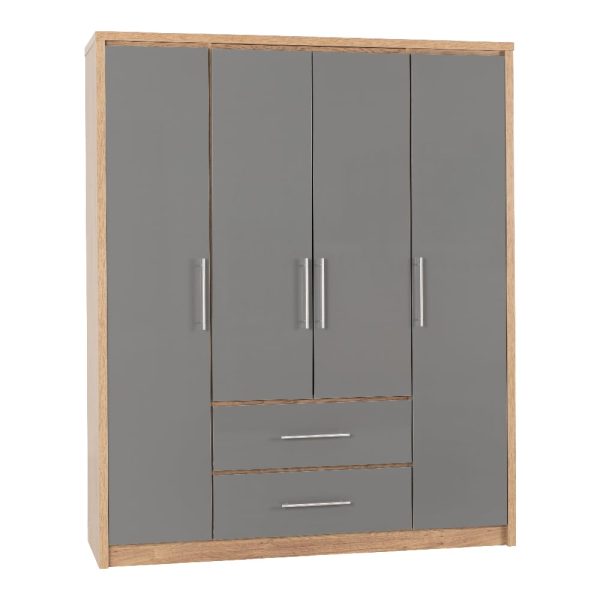 Samaira Wooden Wardrobe With 4 Door And Grey Gloss Front In Oak | Bed Sava