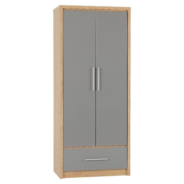Samaira Wooden Wardrobe With 2 Door And Grey Gloss Front In Oak | Bed Sava