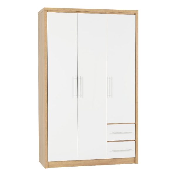 Samaira Wooden Wardrobe With 3 Door And White Gloss Front In Oak | Bed Sava