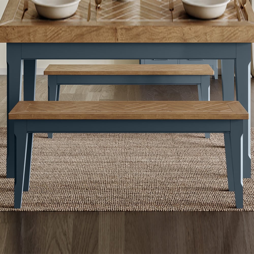 Sanford Small Wooden Dining Bench In Blue And Oak