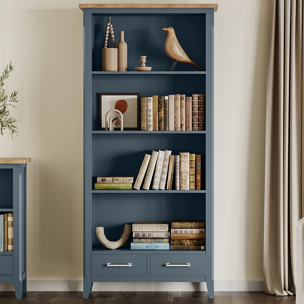Sanford Tall Wooden Bookcase With 2 Drawers In Blue And Oak