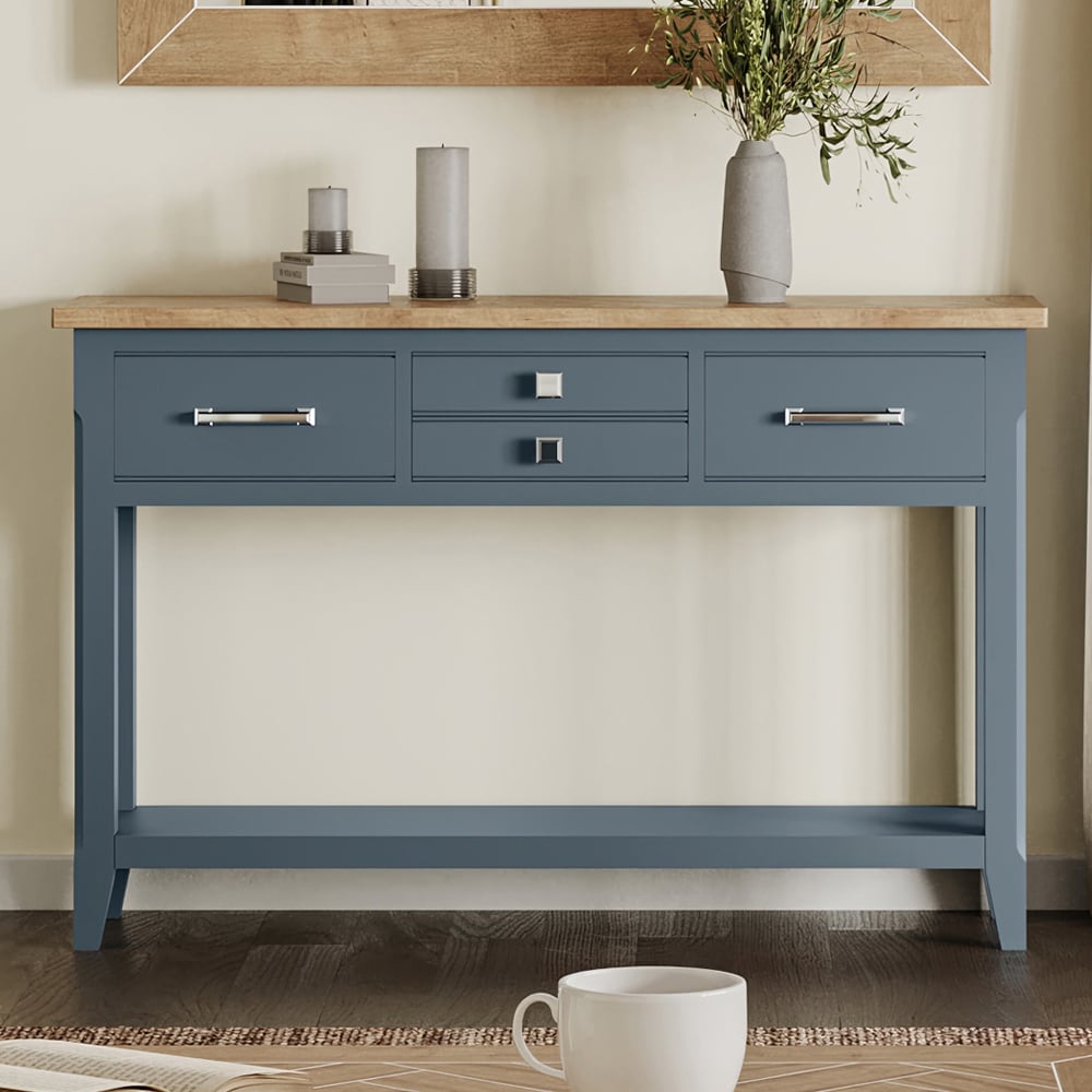 Sanford Wooden Console Table With 4 Drawers In Blue And Oak