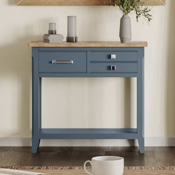 Sanford Wooden Console Table With 3 Drawers In Blue And Oak | Bed Sava