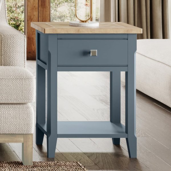 Sanford Wooden Lamp Table With 1 Drawer In Blue And Oak | Bed Sava