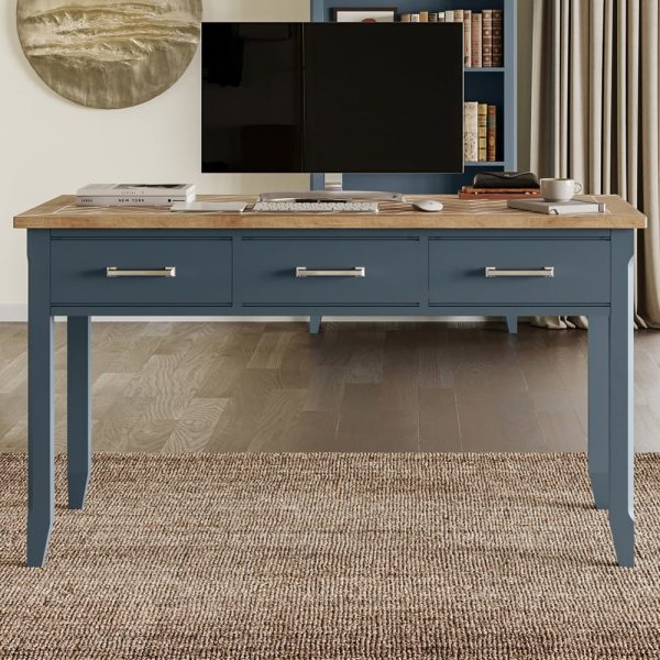 Sanford Wooden Laptop Desk With 3 Drawers In Blue And Oak | Bed Sava