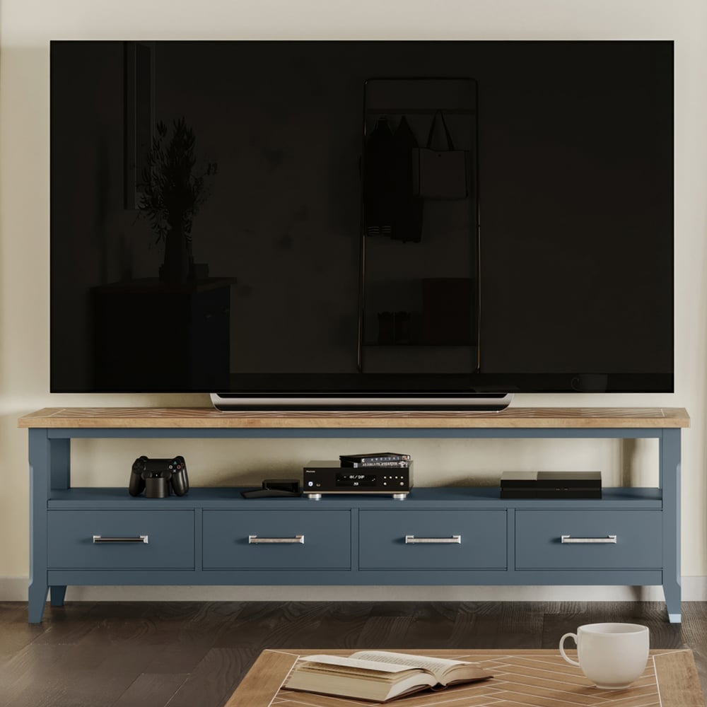 Sanford Wooden TV Stand With 4 Drawers In Blue And Oak