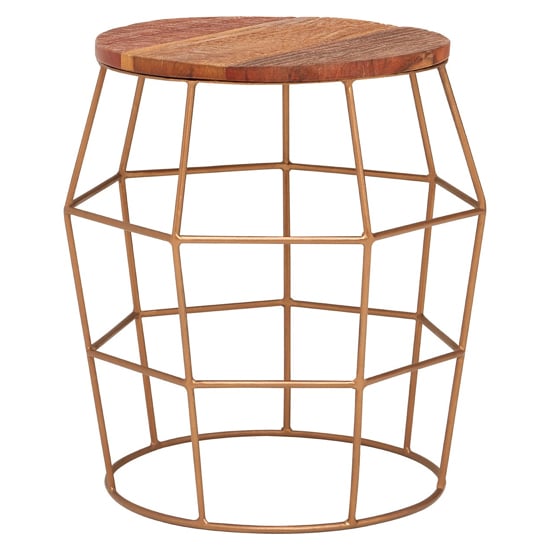 Santorini Round Wooden Side Table With Gold Frame In Natural
