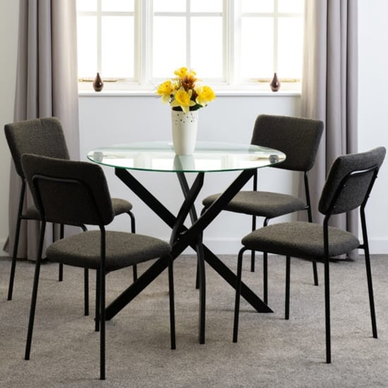 Sanur Clear Glass Dining Table Round With 4 Grey Fabric Chairs
