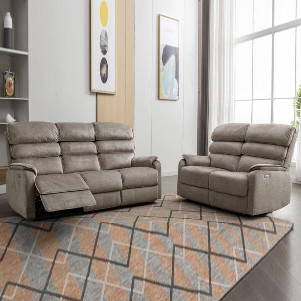 Sanur Fabric Electric Recliner 3+2 Seater Sofa Set In Taupe | Bed Sava