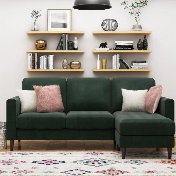 Sarnia Velvet Reversible Corner Sofa With Black Legs In Green | Bed Sava