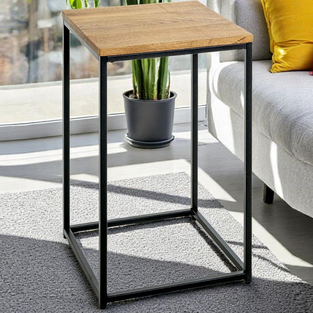 Saskatoon Wooden End Table With Black Metal Frame In Oak