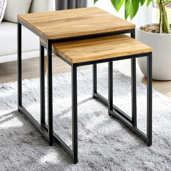 Saskatoon Wooden Nest Of 2 Tables In Oak And Black | Bed Sava