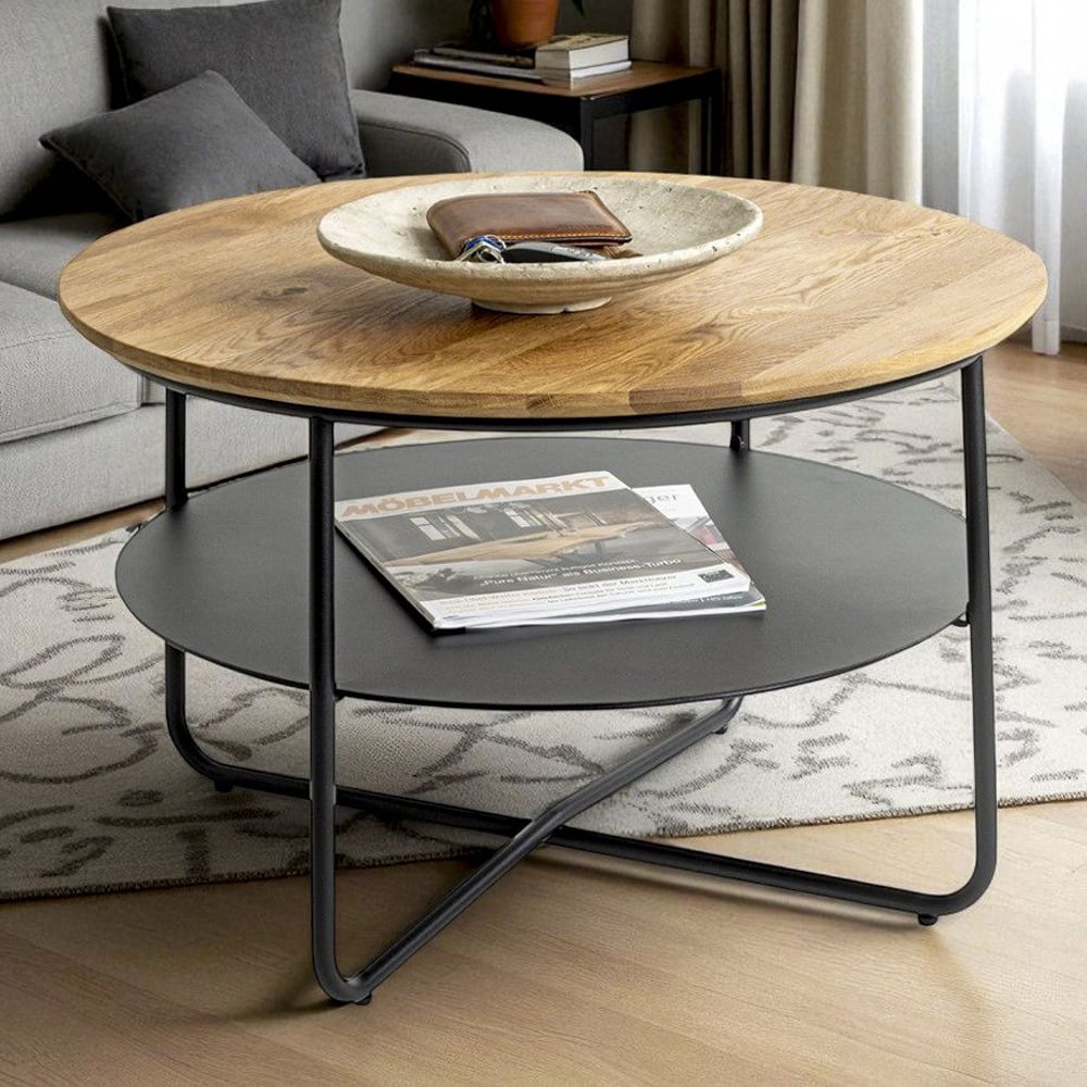 Saskatoon Wooden Round Coffee Table In Oak And Black