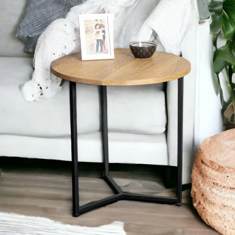 Saskatoon Wooden Round End Table With Black Metal Frame In Oak