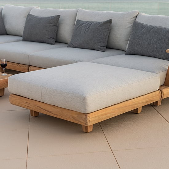 Sauchie Fabric Garden Ottoman With Teak Wooden Base In Light Grey