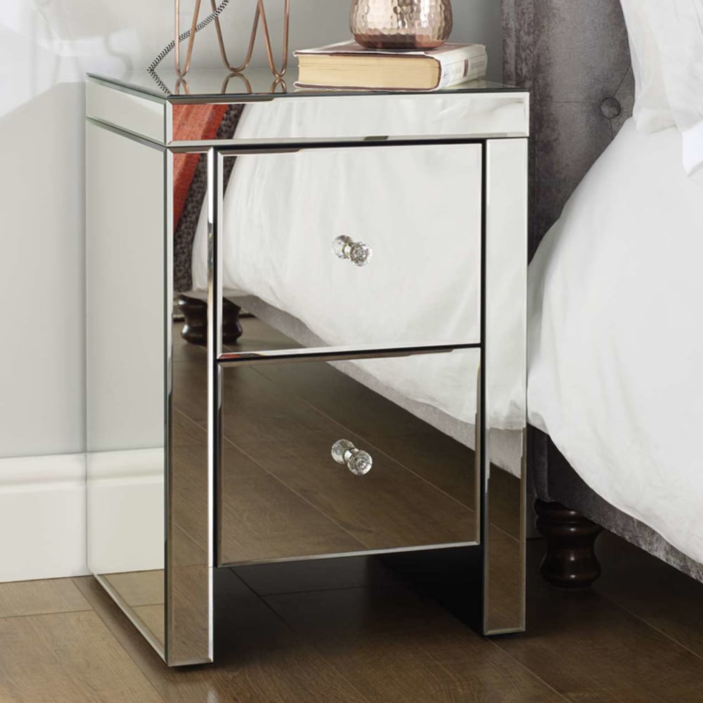 Saville Mirrored Bedside Cabinet With 2 Drawers In Silver