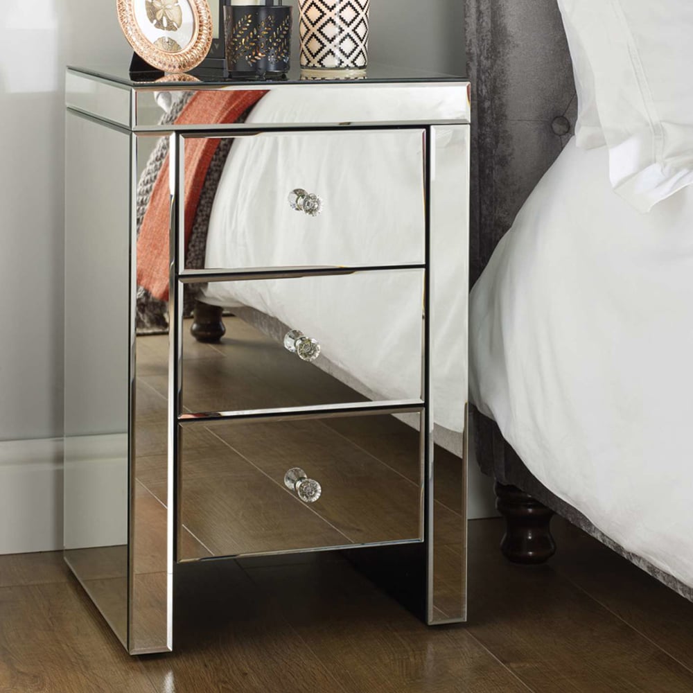 Saville Mirrored Bedside Cabinet With 3 Drawers In Silver
