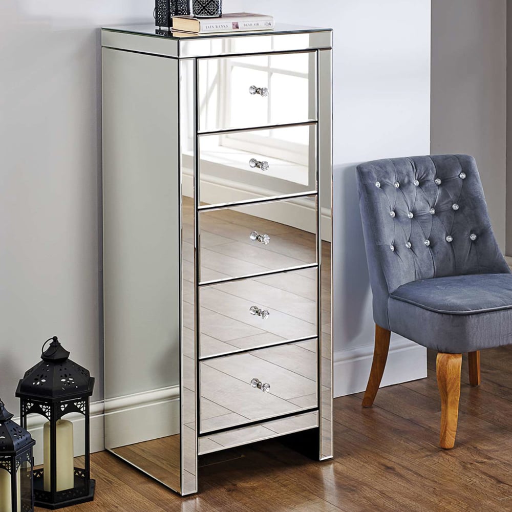 Saville Mirrored Chest Of 5 Drawers In Silver