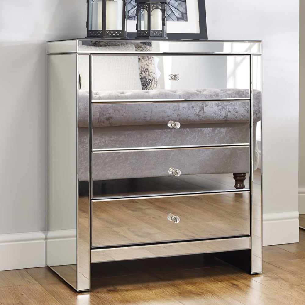Saville Mirrored Chest Of 4 Drawers In Silver