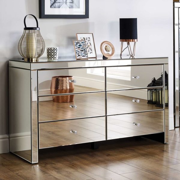 Saville Mirrored Chest Of 6 Drawers In Silver | Bed Sava