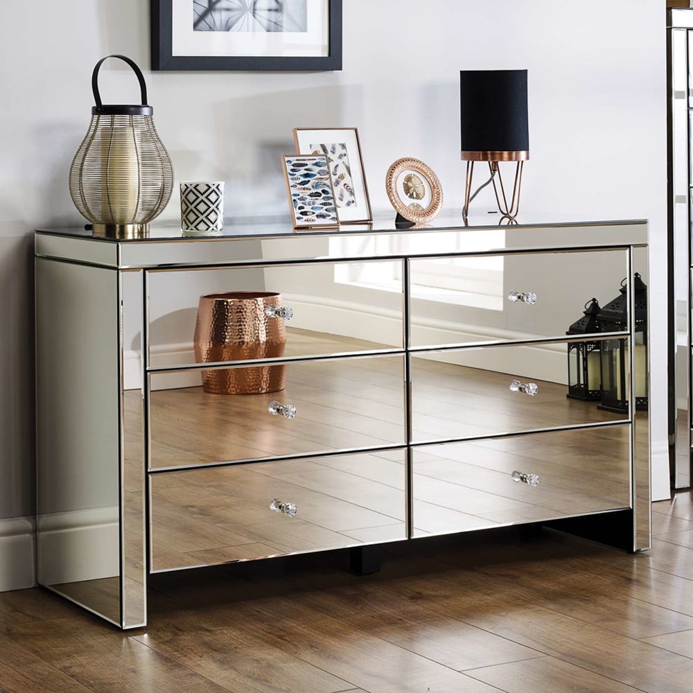 Saville Mirrored Chest Of 6 Drawers In Silver