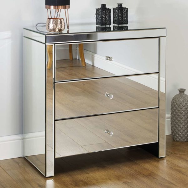 Saville Mirrored Chest Of 3 Drawers In Silver | Bed Sava