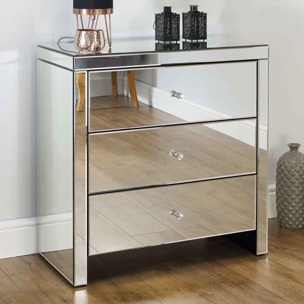 Saville Mirrored Chest Of 3 Drawers In Silver