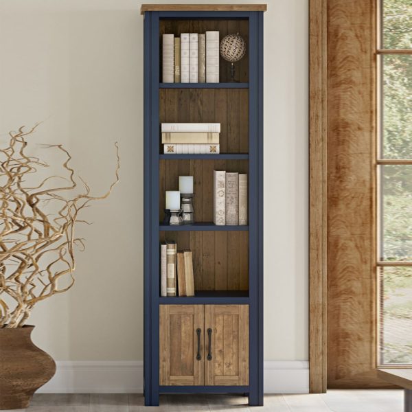 Savona Tall Wooden Bookcase With 2 Doors In Blue And Oak | Bed Sava
