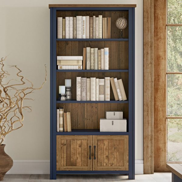 Savona Wide Wooden Bookcase With 2 Doors In Blue And Oak | Bed Sava