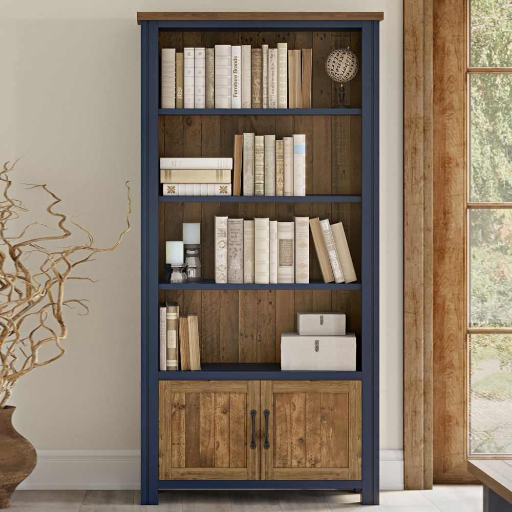 Savona Wide Wooden Bookcase With 2 Doors In Blue And Oak