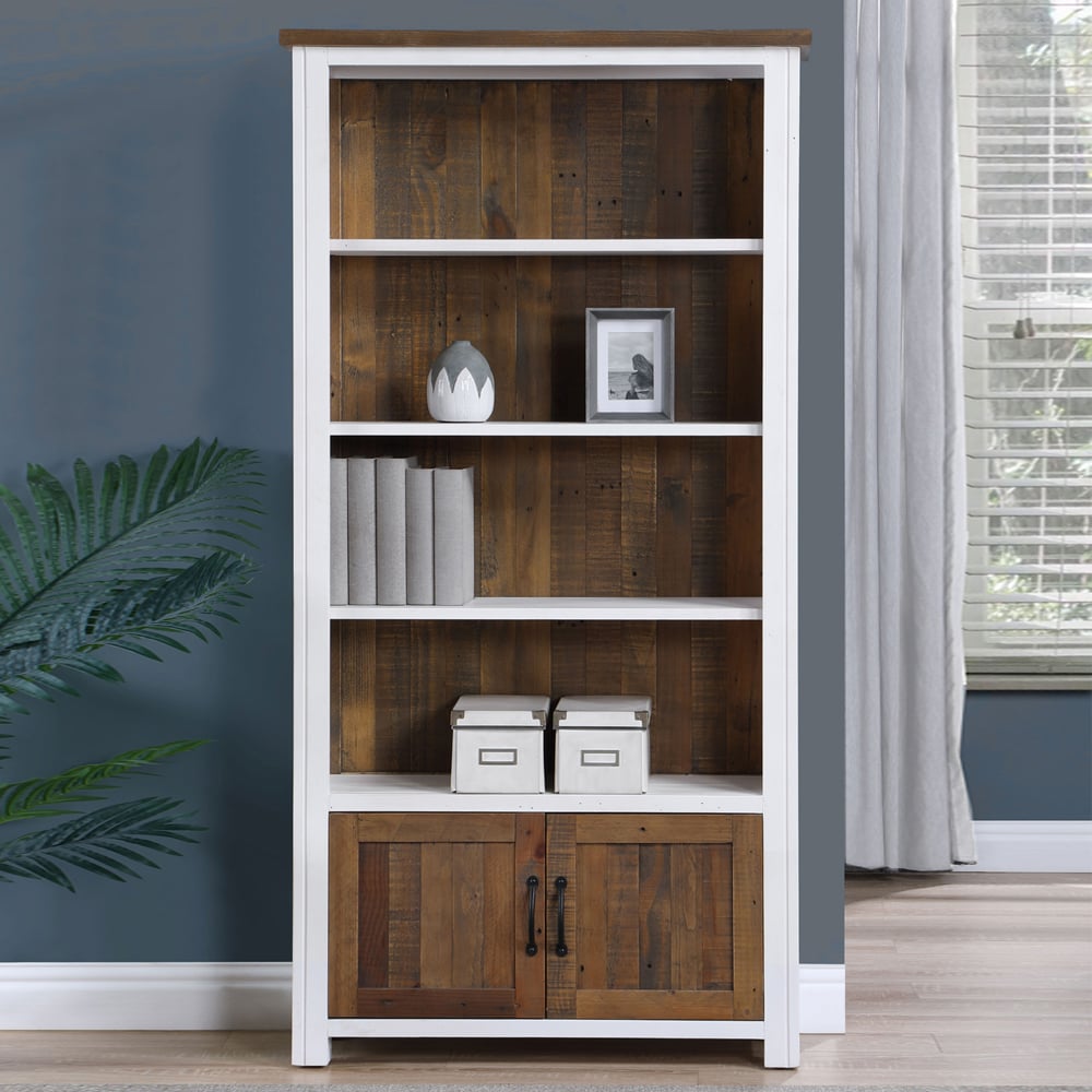 Savona Wide Wooden Bookcase With 2 Doors In White And Oak