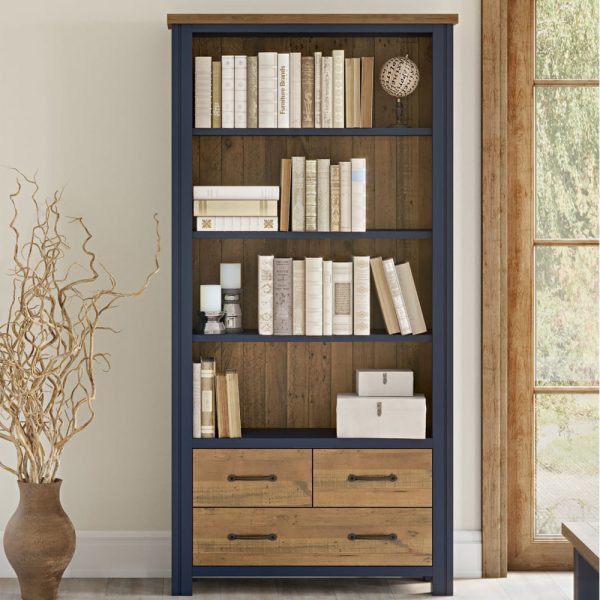 Savona Wooden Bookcase With 3 Drawers In Blue And Oak | Bed Sava