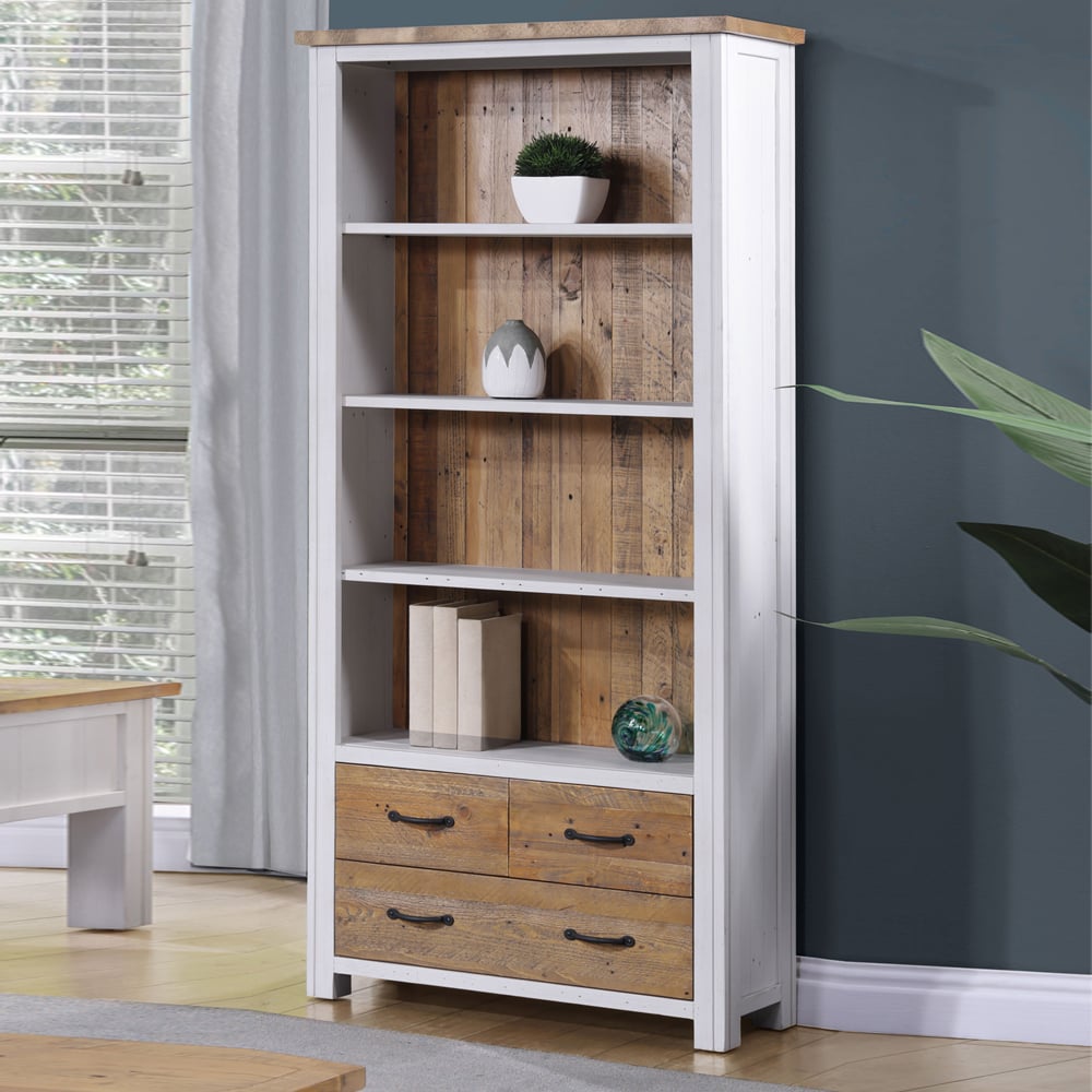Savona Wooden Bookcase With 3 Drawers In White And Oak