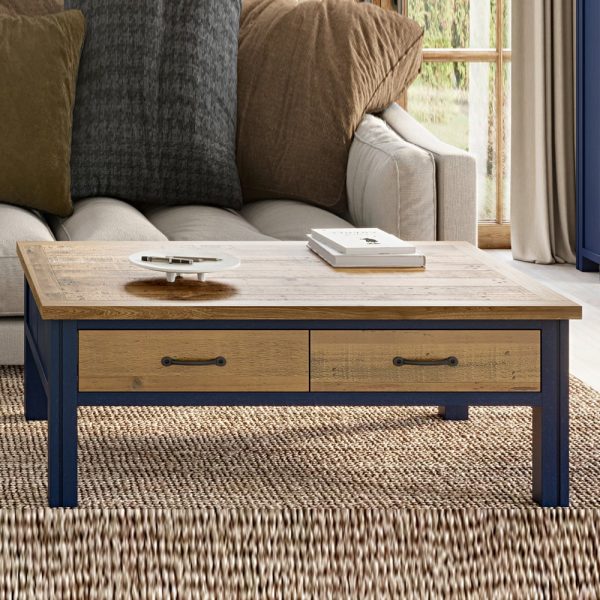 Savona Wooden Coffee Table With 4 Drawers In Blue And Oak | Bed Sava