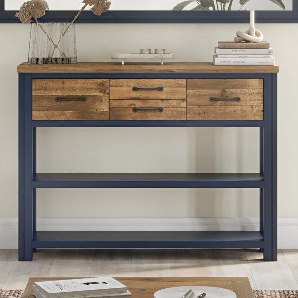 Savona Wooden Console Table With 4 Drawers In Blue And Oak | Bed Sava