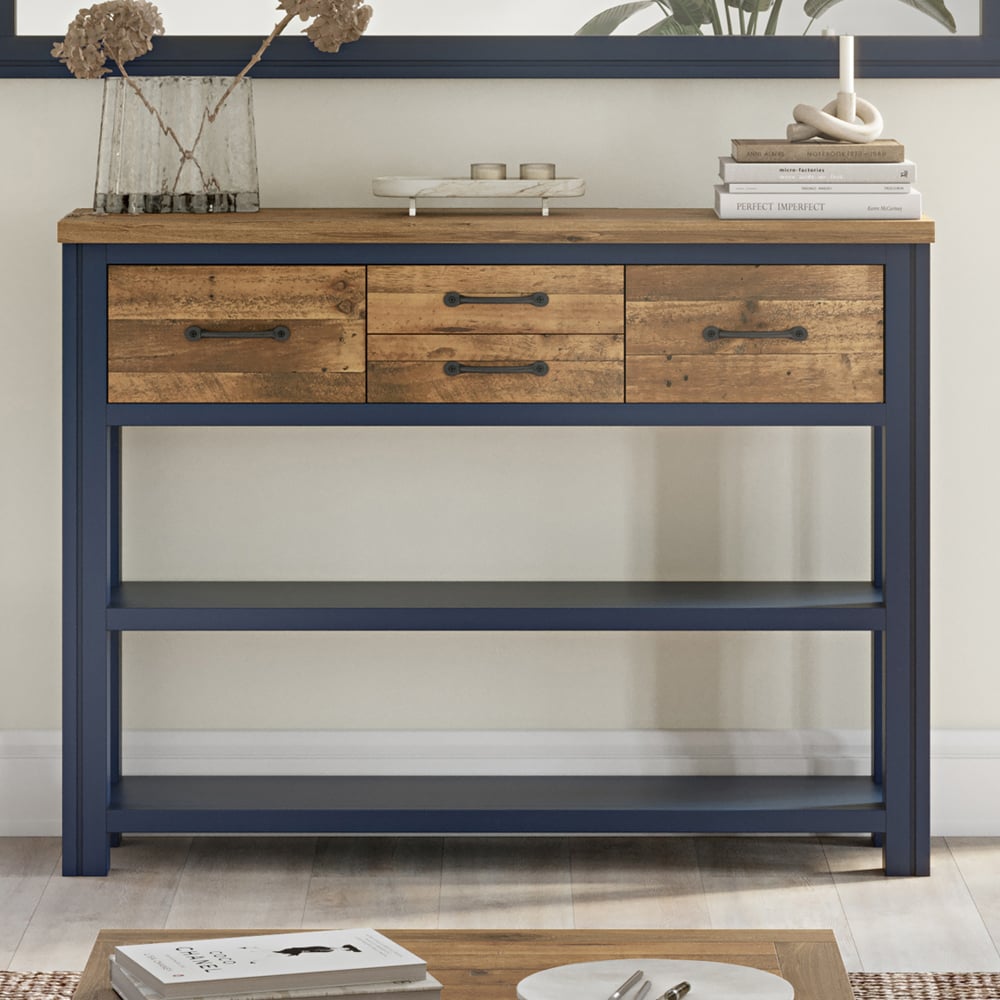 Savona Wooden Console Table With 4 Drawers In Blue And Oak
