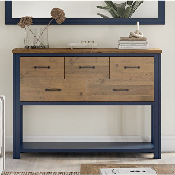 Savona Wooden Console Table With 5 Drawers In Blue And Oak | Bed Sava