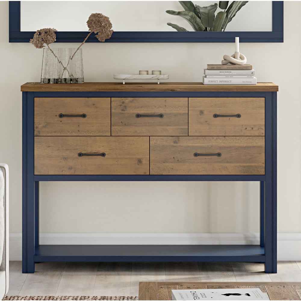 Savona Wooden Console Table With 5 Drawers In Blue And Oak