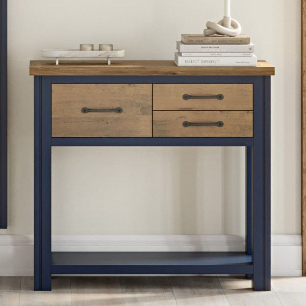Savona Wooden Console Table With 3 Drawers In Blue And Oak | Bed Sava