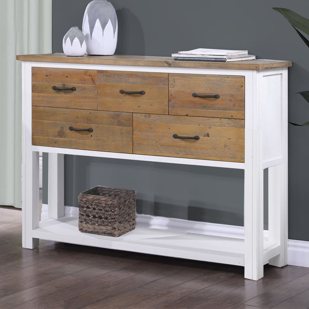 Savona Wooden Console Table With 5 Drawers In White And Oak