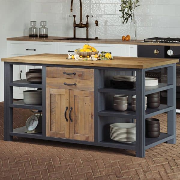 Savona Wooden Kitchen Island With 2 Doors 2 Drawers In Blue Oak | Bed Sava