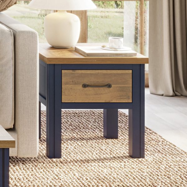 Savona Wooden Lamp Table With 1 Drawer In Blue And Oak | Bed Sava